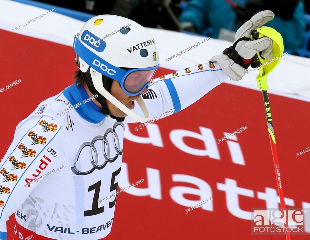 Stock Photo: Andre Myhrer of Sweden reacts after the first run of the mens slalom at the Alpine Skiing World Championships in Vail - Beaver Creek, Colorado, USA.