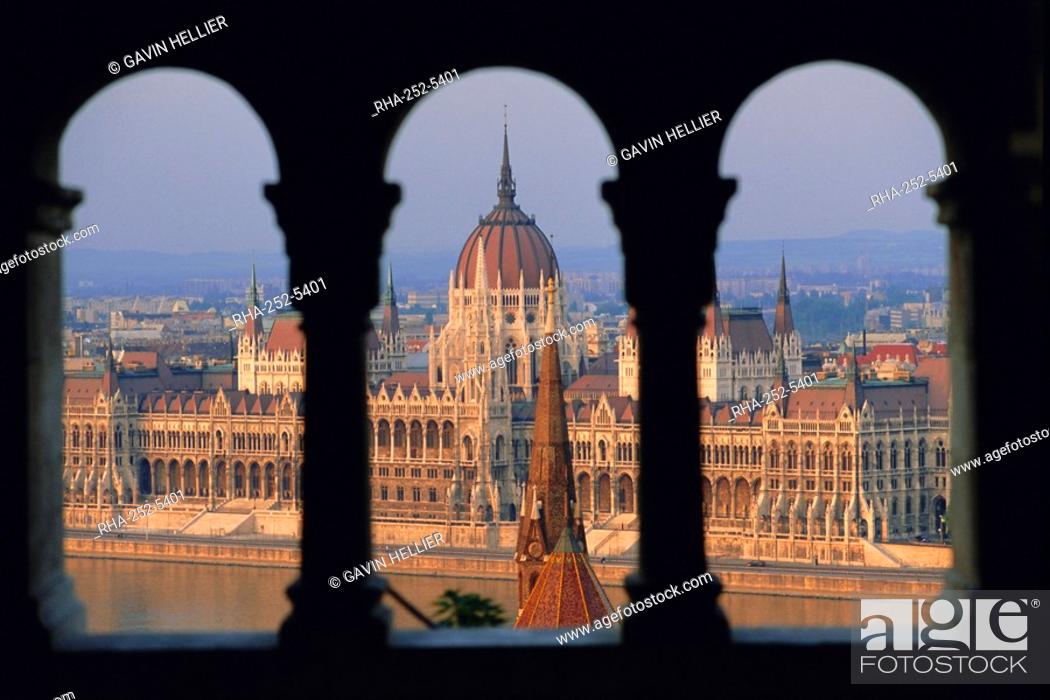 Stock Photo: Parliament building and the Danube River from the Castle district, Budapest, Hungary, Europe.