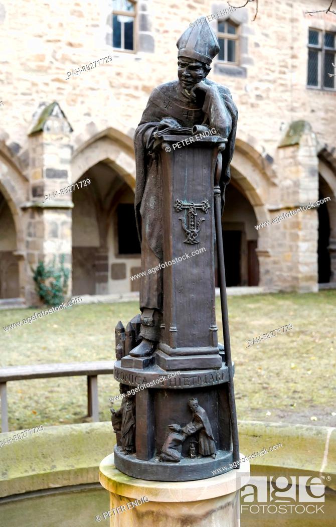 Stock Photo: The sculpture of bishop Dietmar (Thietmar) of Merseburg (975-1018) can be seen in the courtyard of the cathedral in Merseburg, Germany, 9 February 2017.