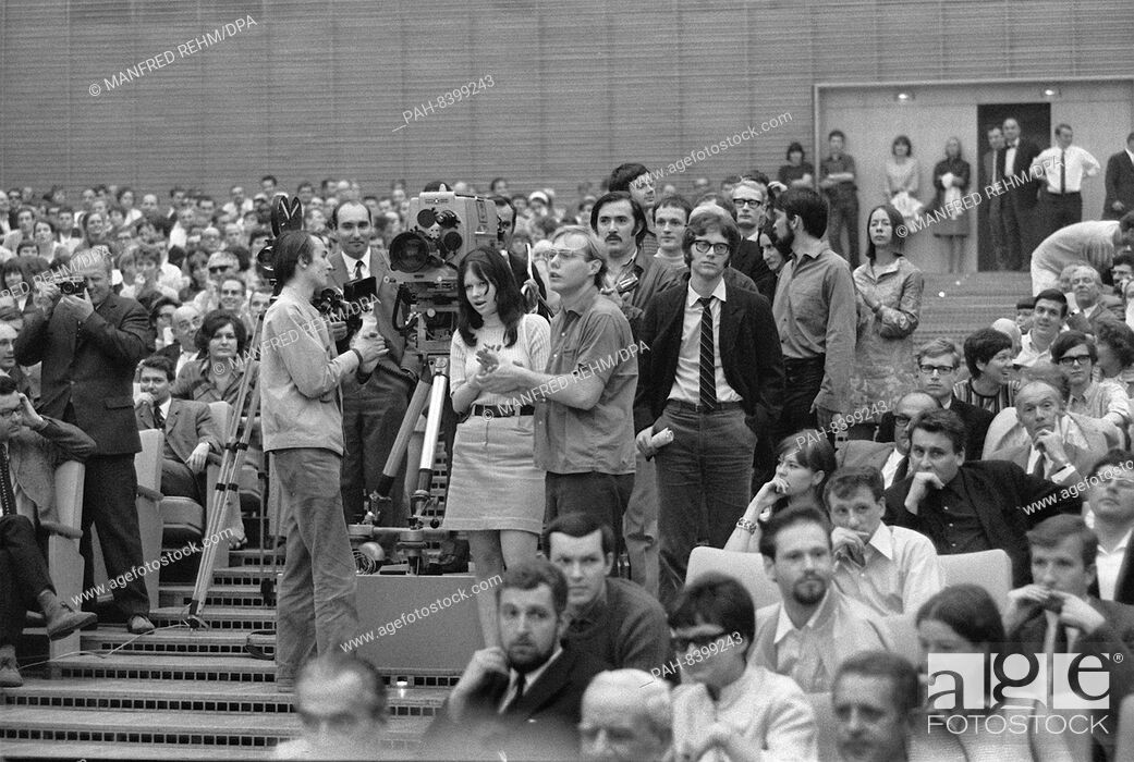 Stock Photo: Participants on 28 May 1968 at an event against the German Emergency Acts in the Great Broadcasting Hall of Hessischer Rundfunk in Frankfurt am Main.