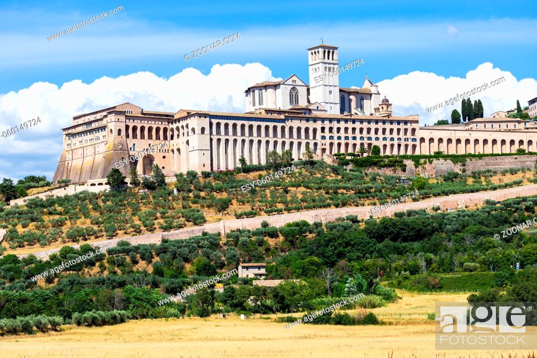 Stock Photo: Assisi village in Umbria region, Italy. The most important Italian St. Francis Basilica (Basilica di San Francesco).