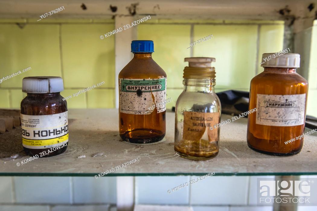 Stock Photo: Medicines in Hospital No. 126 of Pripyat ghost city, Chernobyl Nuclear Power Plant Zone of Alienation around nuclear reactor disaster, Ukraine.