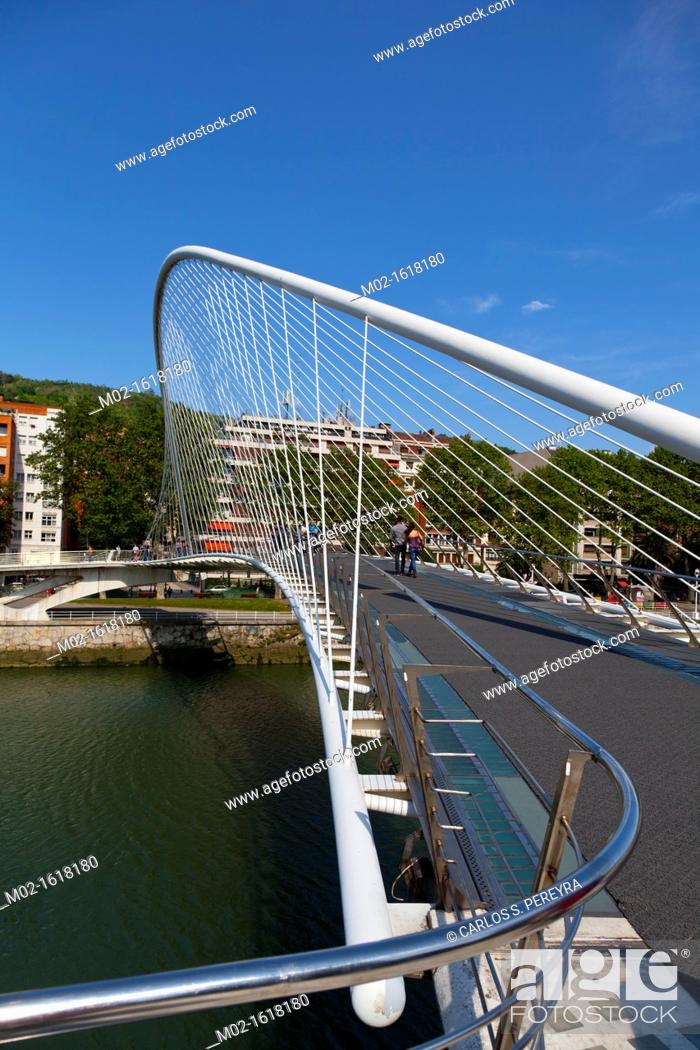 Stock Photo: Zubizuri bridge, design by the architect Santiago Calatrava, Bilbao, Spain.
