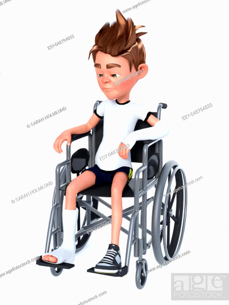3D rendering of a sad cartoon boy with a broken arm and leg sitting in a  wheelchair, Stock Photo, Picture And Low Budget Royalty Free Image. Pic.  ESY-048794833 | agefotostock