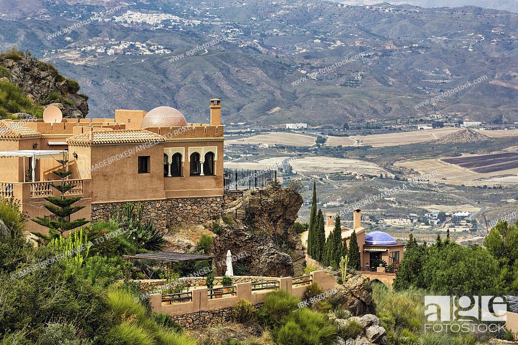 Stock Photo: Luxury holiday home on the hillside, Moorish style with terrace, garden and domes, view from above, Cortijo Cabrera, Sierra Cabrera, Almeria, Andalucia.