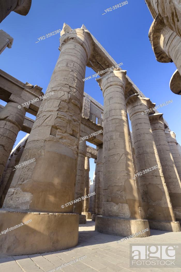 Stock Photo: Pillars in the great hypostyle hall, temple of Karnak, Luxor, Egypt.