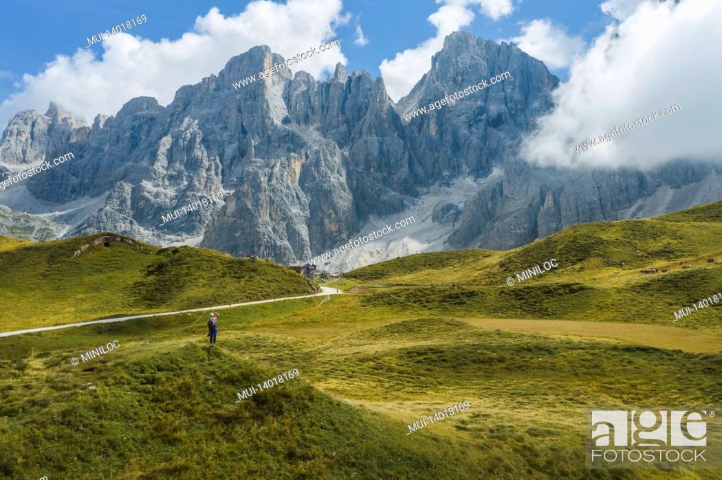 Stock Photo: woman traveler in front of pale di san martino near passo rolle dolomiti, italy, europe.