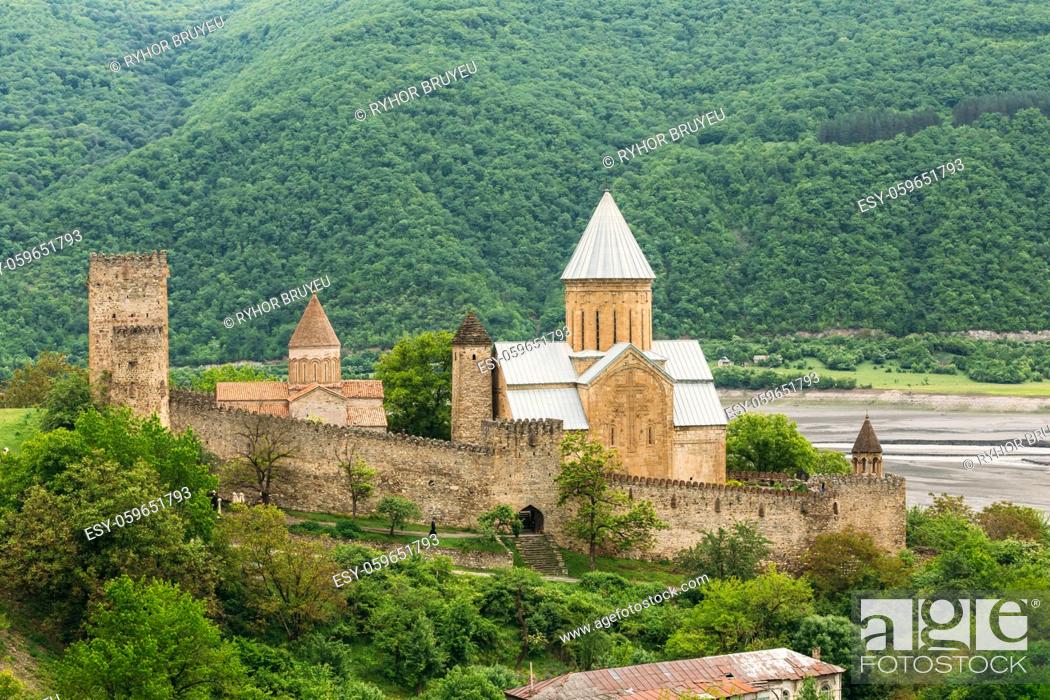 Stock Photo: Castle complex Ananuri in Georgia, about 72 kilometres from Tbilisi. Large tower (Sheupovari) is well preserved and is location of last defense of Aragvi.