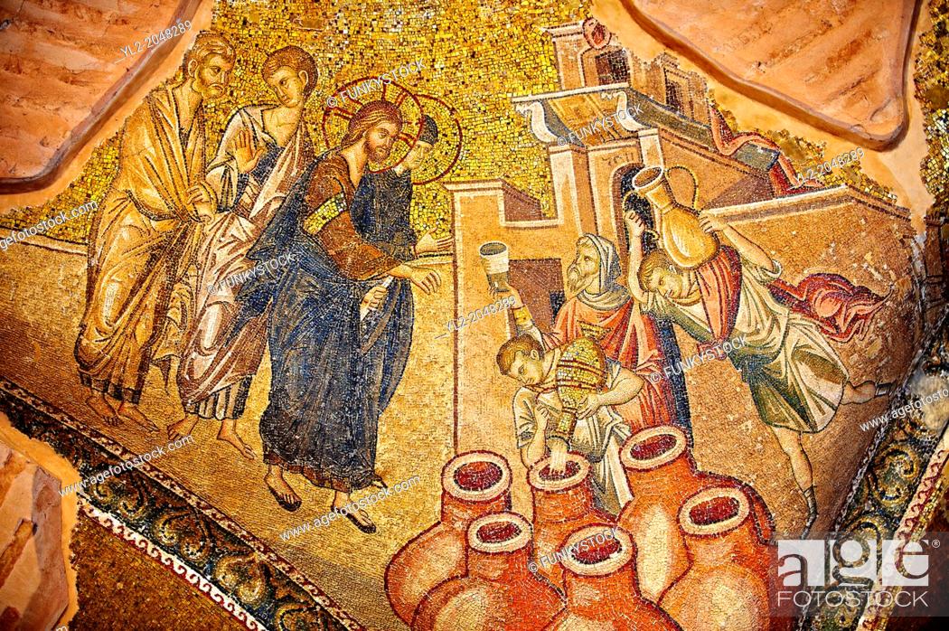 Stock Photo: The 11th century Roman Byzantine Church of the Holy Saviour in Chora and its mosaic of the miracle of Christ turning water into wine.