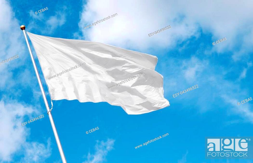 Stock Photo: White flag waving in the wind against cloudy sky. Perfect mockup to add any logo, symbol or sign.