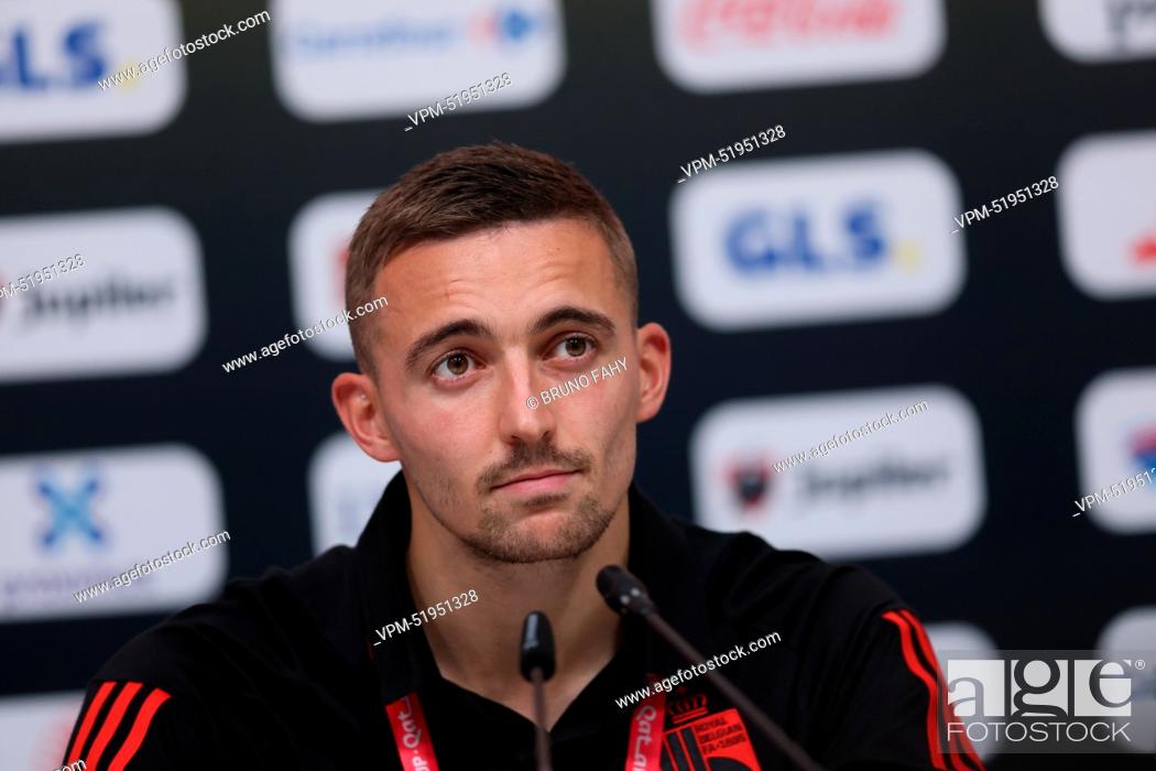 Stock Photo: Belgium's Timothy Castagne pictured during a press conference of the Belgian national soccer team the Red Devils, at the Hilton Salwa Beach Resort, in Abu Samra.