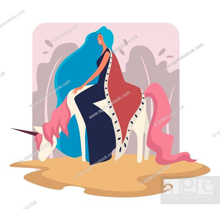 Characters from wonderland, princess with long hair riding unicorn, Stock  Vector, Vector And Low Budget Royalty Free Image. Pic. ESY-058435985 |  agefotostock