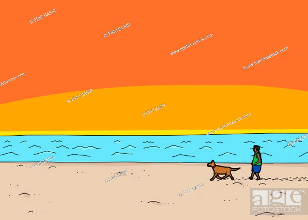 Cartoon scene of man walking dog on beach at sunset, Stock Photo, Picture  And Low Budget Royalty Free Image. Pic. ESY-025458759 | agefotostock