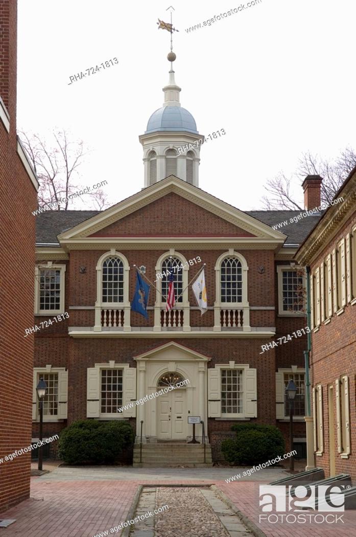 Stock Photo: Carpenters' Hall, newly built in 1774 when it hosted the First Continental Congress which met to oppose British rule, Philadelphia, Pennsylvania.