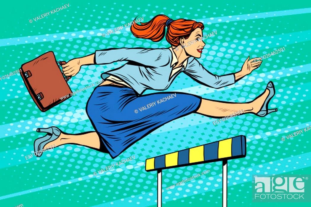 businesswoman running hurdles pop art retro style. A woman in business,  Stock Photo, Picture And Low Budget Royalty Free Image. Pic. ESY-026462591  | agefotostock