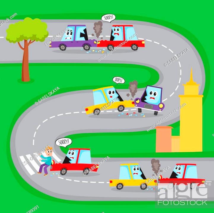 Various types of road accidents with funny car characters on city street,  Stock Vector, Vector And Low Budget Royalty Free Image. Pic. ESY-045589391  | agefotostock