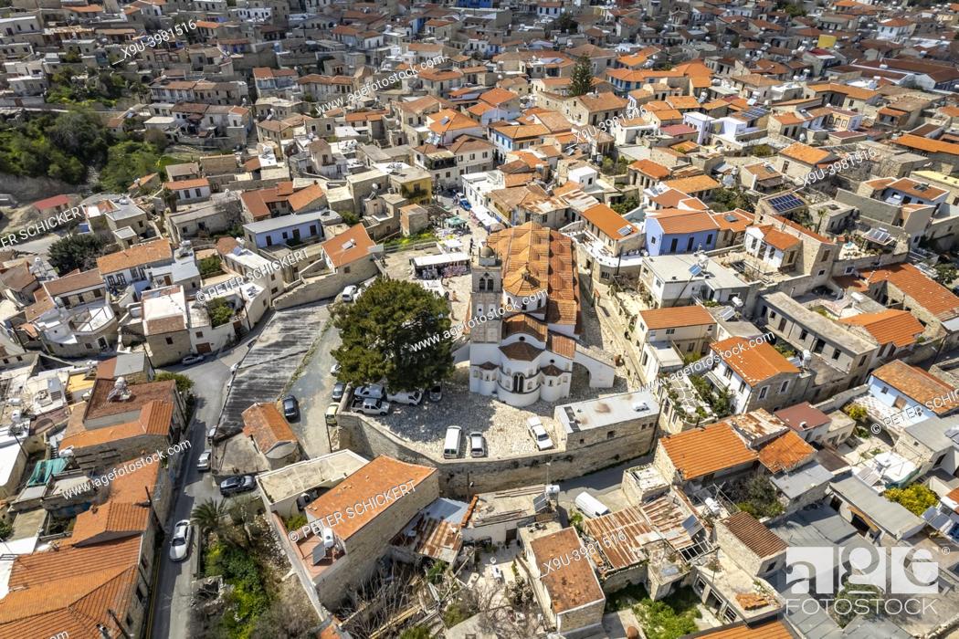 Stock Photo: Aerial view of Pano Lefkara cityscape with Timios Stavros Church, Cyprus, Europe.