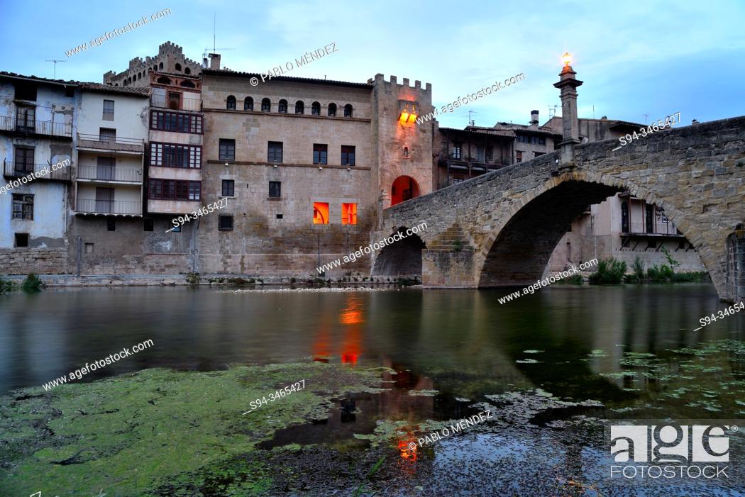 Stock Photo: Facades and bridge over Matarraña river in Valderrobres, Teruel, Aragon, Spain.