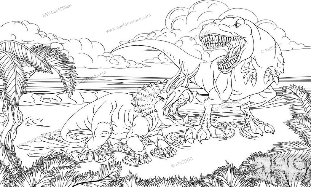 A dinosaur T Rex tyrannosaurus and triceratops black and white outline  cartoon scene like a kids..., Stock Vector, Vector And Low Budget Royalty  Free Image. Pic. ESY-055599984 | agefotostock