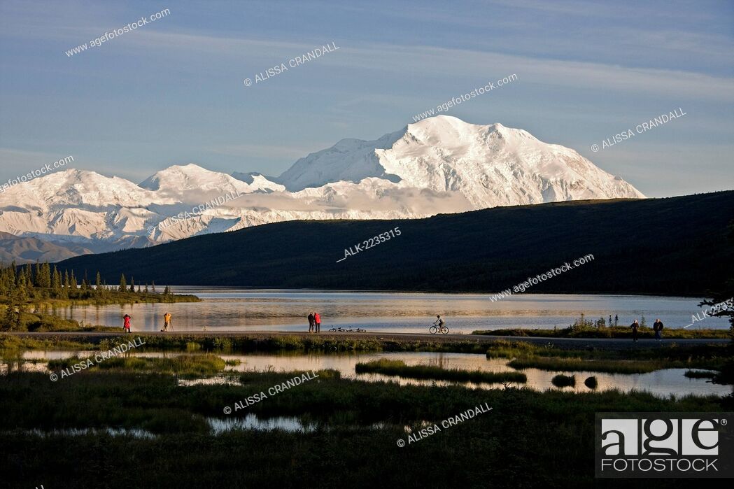 Stock Photo: Bicyclists And Hikers View Mt. Mckinley At Wonder Lake, Denali National Park And Preserve, Interior Alaska, Summer.