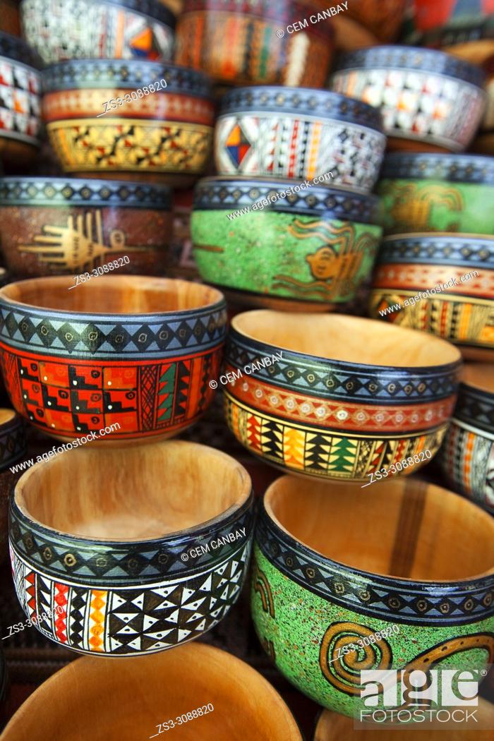 Stock Photo: Close-up shot of of wooden bowls at the open-air art and craft market in Pisac, Sacred Valley, Cusco Region, Peru, South America.