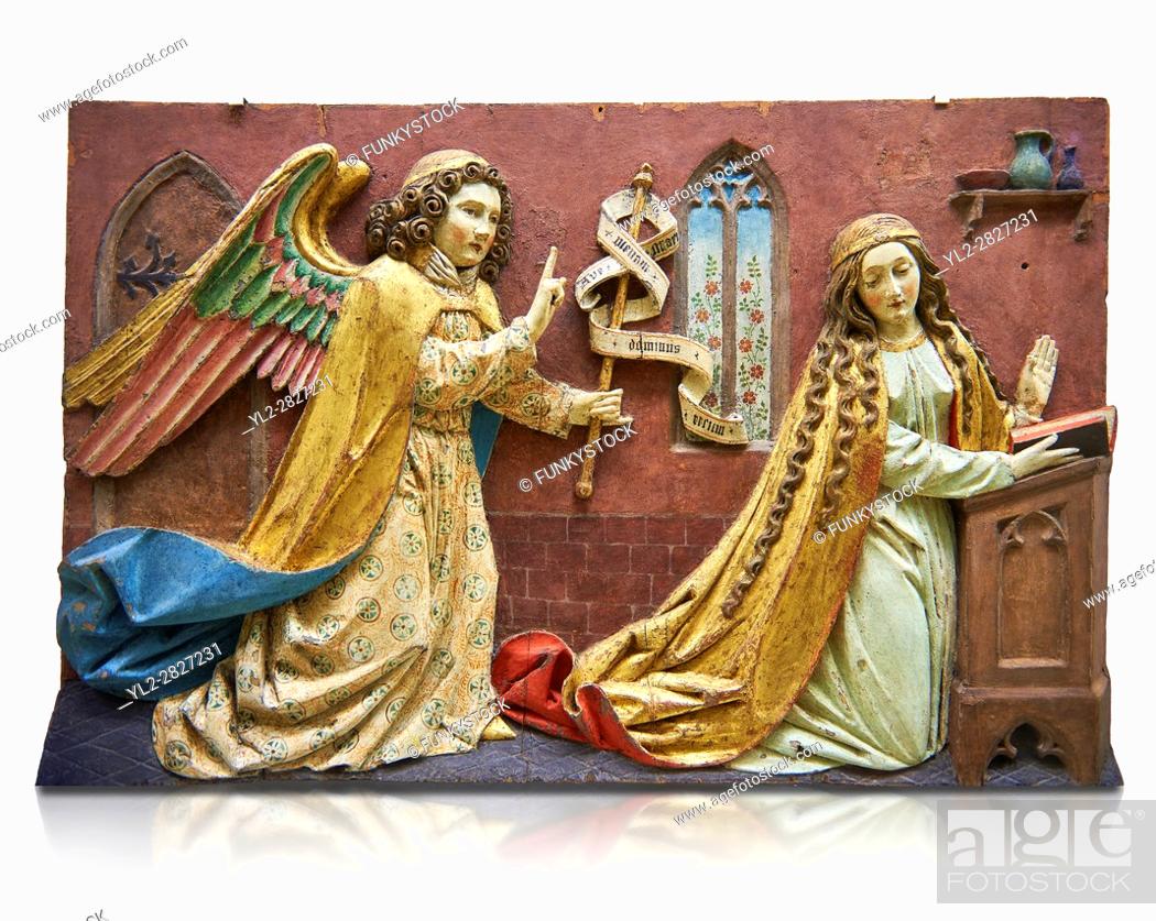 Stock Photo: Painted relief panel of the Annonciation of the Virgin, made at the start of the 16th century possibly in the Tyrol, Austria.