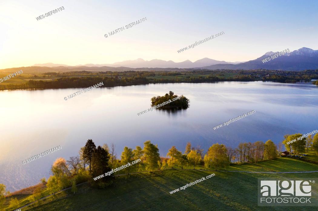 Stock Photo: Germany, Bavaria, Aerial view of Muhlworth islet in Staffelsee lake at dawn.