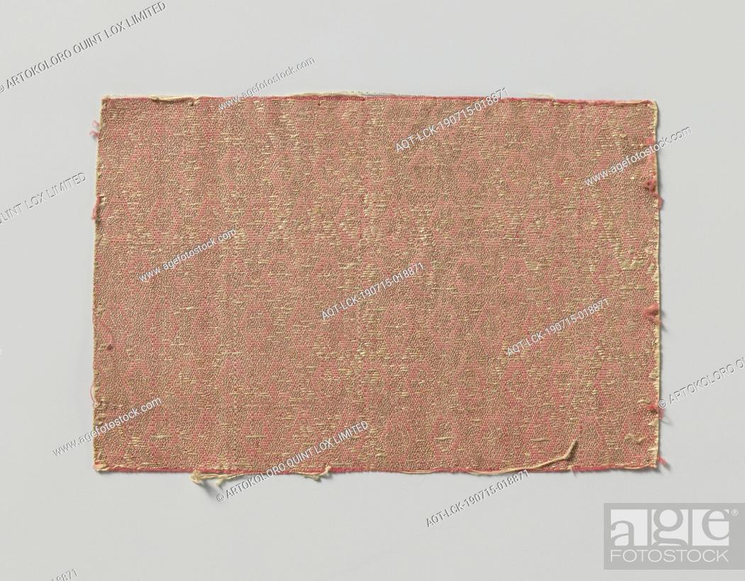 Stock Photo: Fragment oriental textile of white and gold on red. The pattern has a network of diamond-shaped fields with an ornament., Indie, c. 1800 - c.