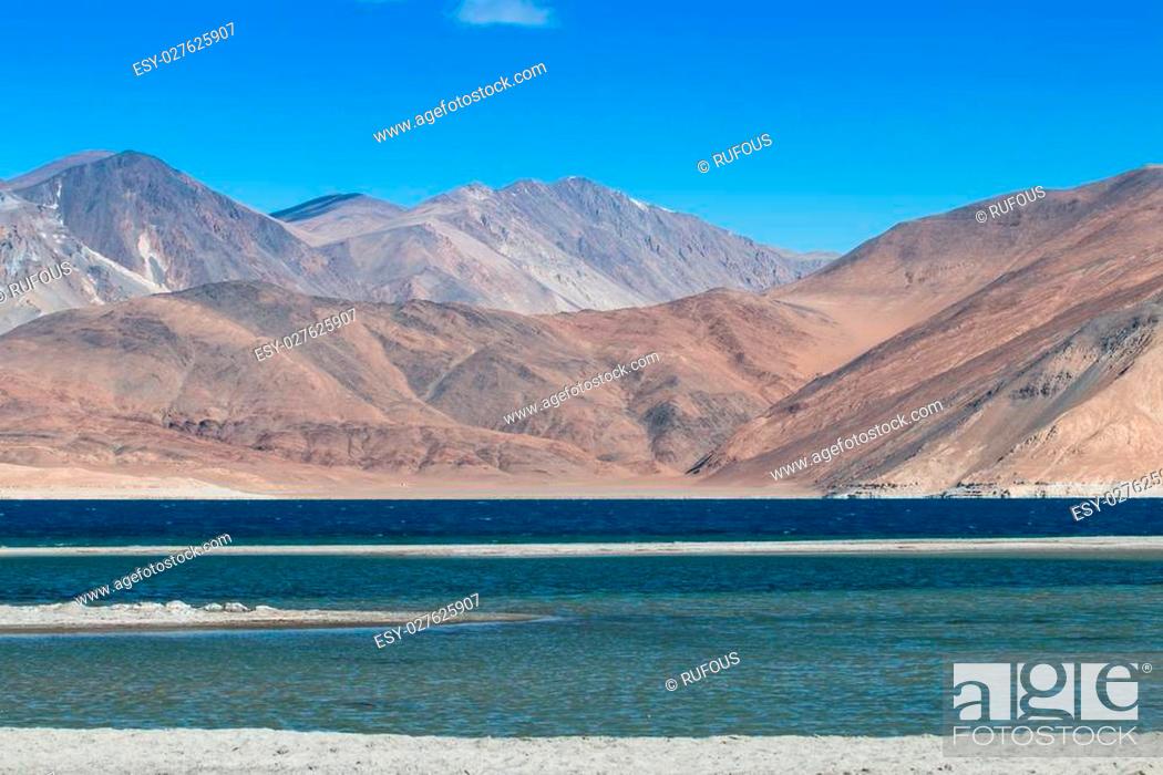 Stock Photo: Pangong Lake, is an endorheic lake (closed lake) in the Himalayas situated at a height of about 4, 350 m (14, 270 ft).
