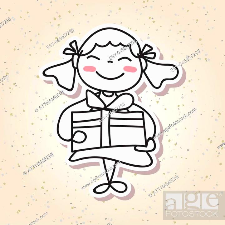 hand drawing cartoon concept happiness, happy kid, girl with big smile and  gift box, Stock Vector, Vector And Low Budget Royalty Free Image. Pic.  ESY-045807295 | agefotostock