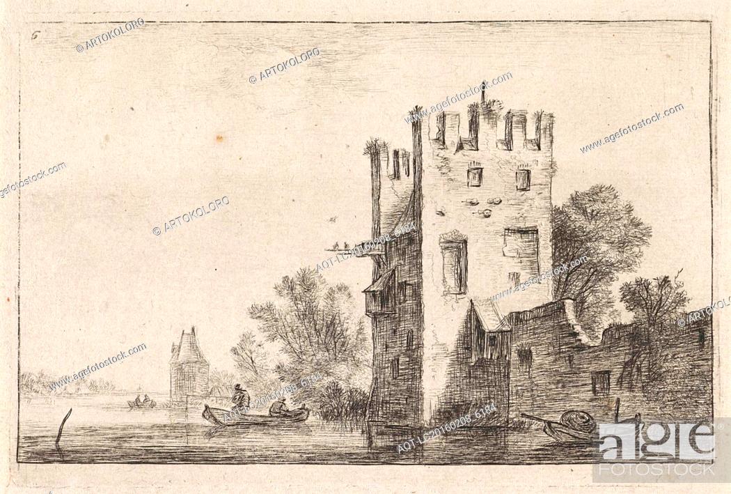 Stock Photo: Square tower on the waterfront, Anthonie Waterloo, Justus Danckerts, Cornelis Danckerts (II), 1630 - 1663.