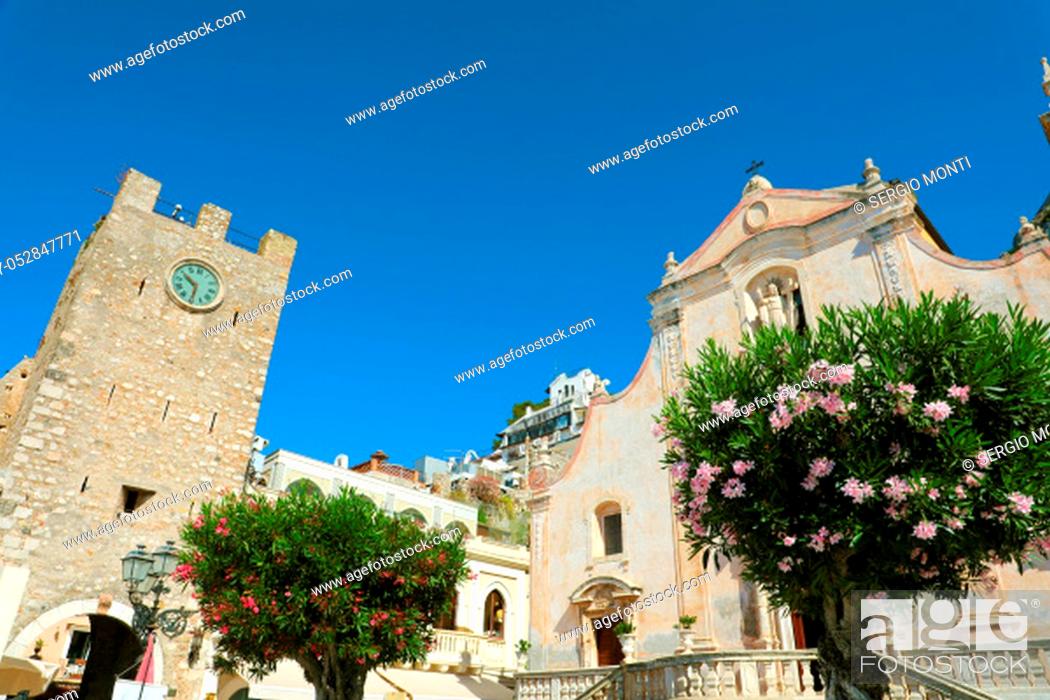 Stock Photo: Taormina village with Clock Tower and San Giuseppe church in Sicily, Italy.