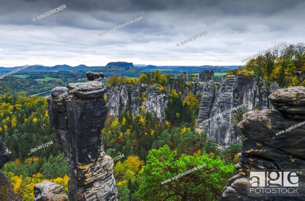 Stock Photo: View from the rock Große Gans towards the Bastei with rock Wehlnadel, Rathen, Saxon Switzerland National Park, Saxony, Germany, Europe.