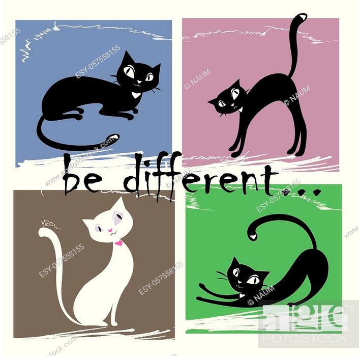 Stock Vector: Be different, one white and three black cat on a colored background, vector illustration.