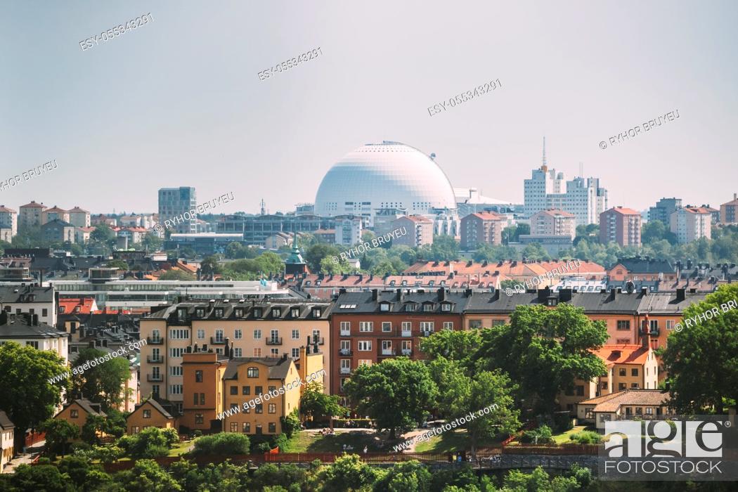 Stock Photo: Stockholm, Sweden. Ericsson Globe In Summer Skyline. It's Currently The Largest Hemispherical Building In The World, Used For Major Concerts, Sport Events.