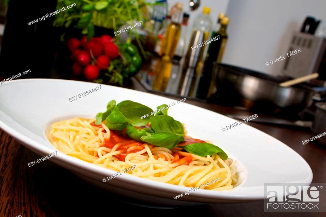 Stock Photo: Pasta tomato basil.