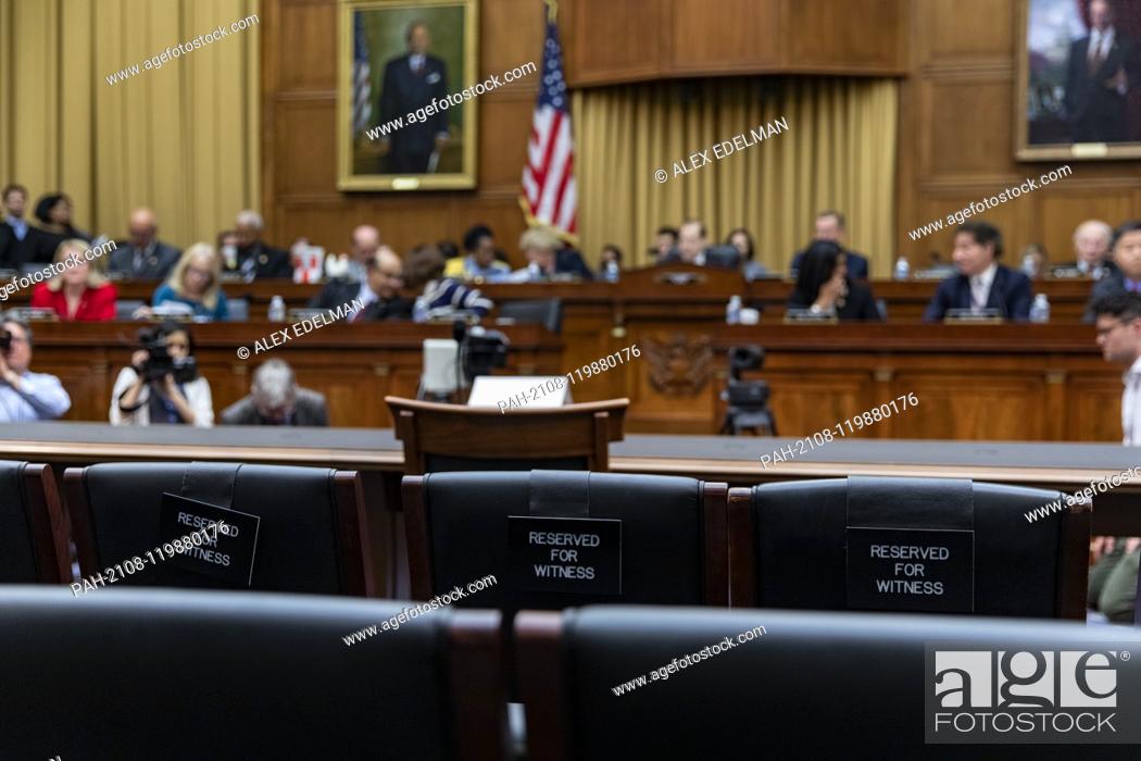 Stock Photo: Chairs reserved for guests of the witness sit empty during a hearing scheduled for Attorney General William Barr to testify about the Mueller Report before the.