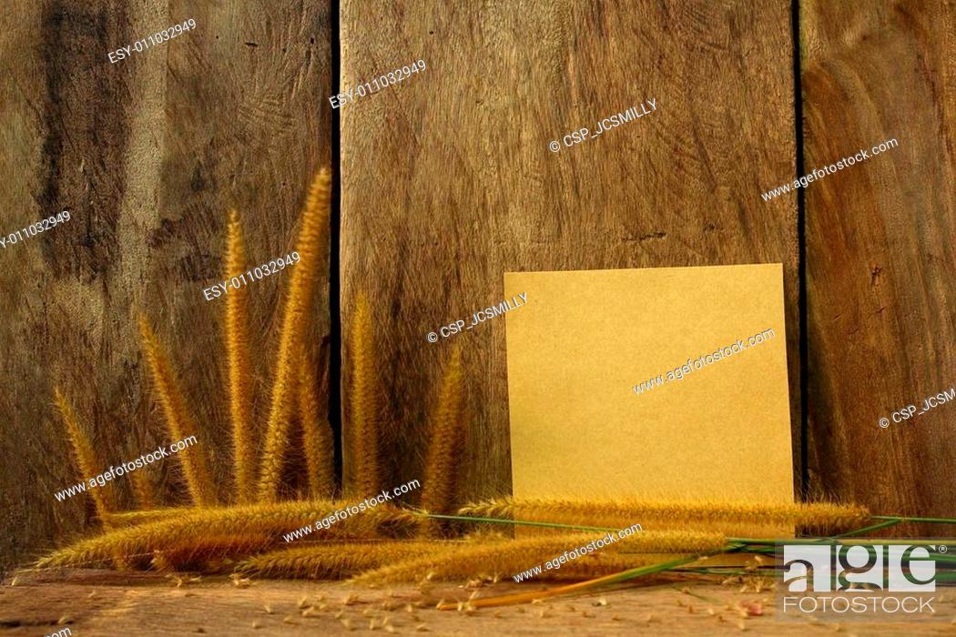 Stock Photo: Still life with Foxtail grasst and notepad on wooden background.