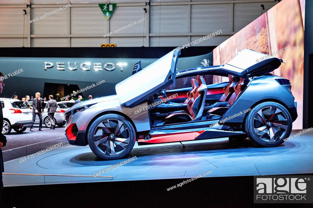 Stock Photo: Futuristic concept car Peugeot Quartz was presented during the 85th. International Motor Show in Geneva, Switzerland, on Thursday, March 4th, 2015.