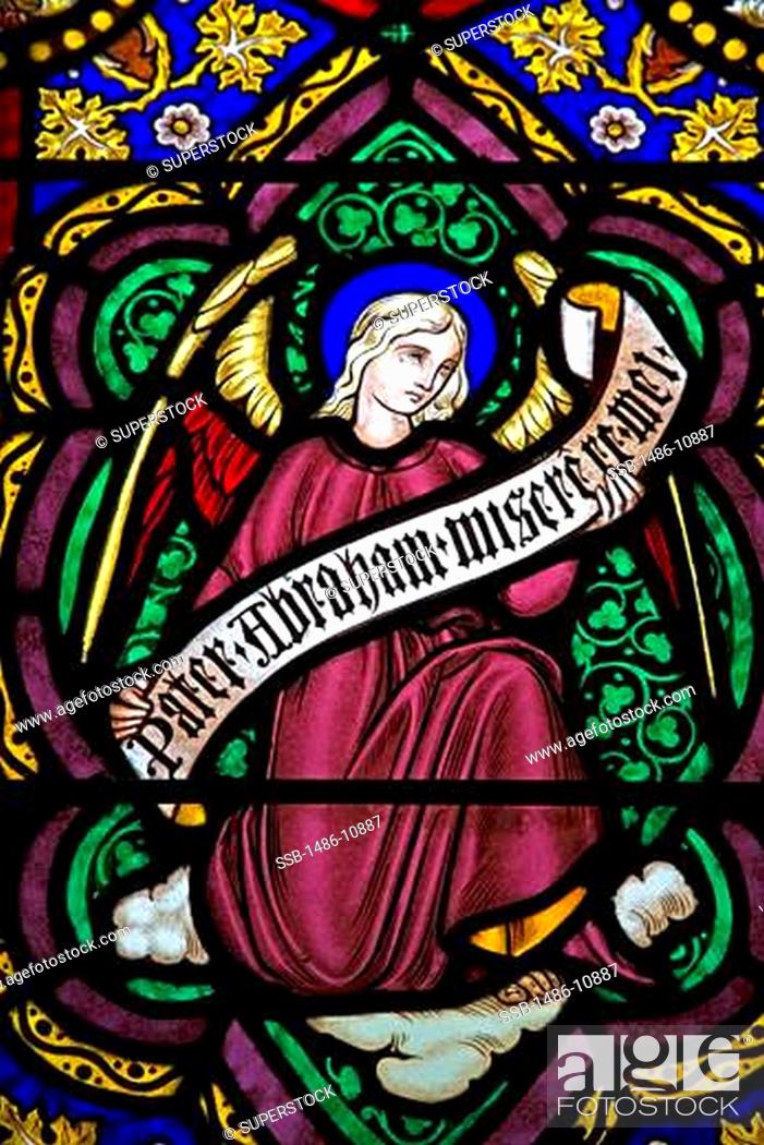 Stock Photo: Close-up of a stained glass window in a church, Trinitarian Monastery, Adare Village, County Limerick, Munster Province, Ireland.