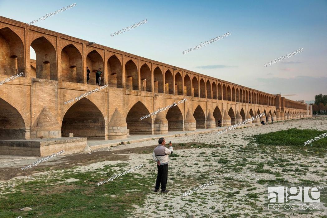 Stock Photo: Iran, Central Iran, Esfahan, Si-o-Seh Bridge, late afternoon.