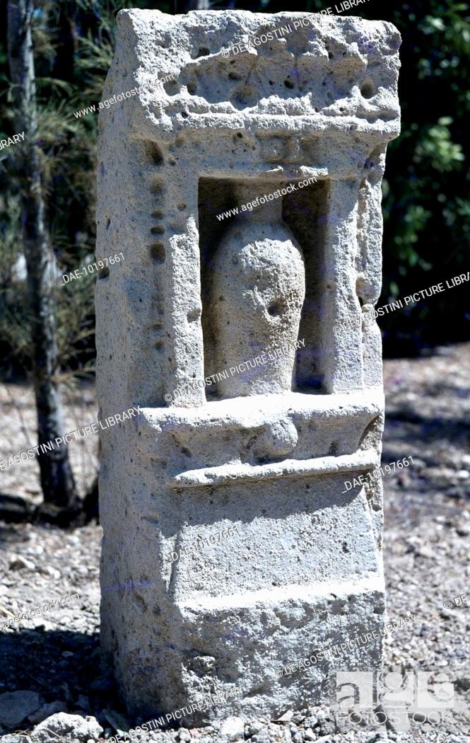Stock Photo: Tophet, stele with a bottle-shaped idol. Phoenician civilisation, Archaic period.  Carthage, Musée National De Carthage (Archaeological Museum).