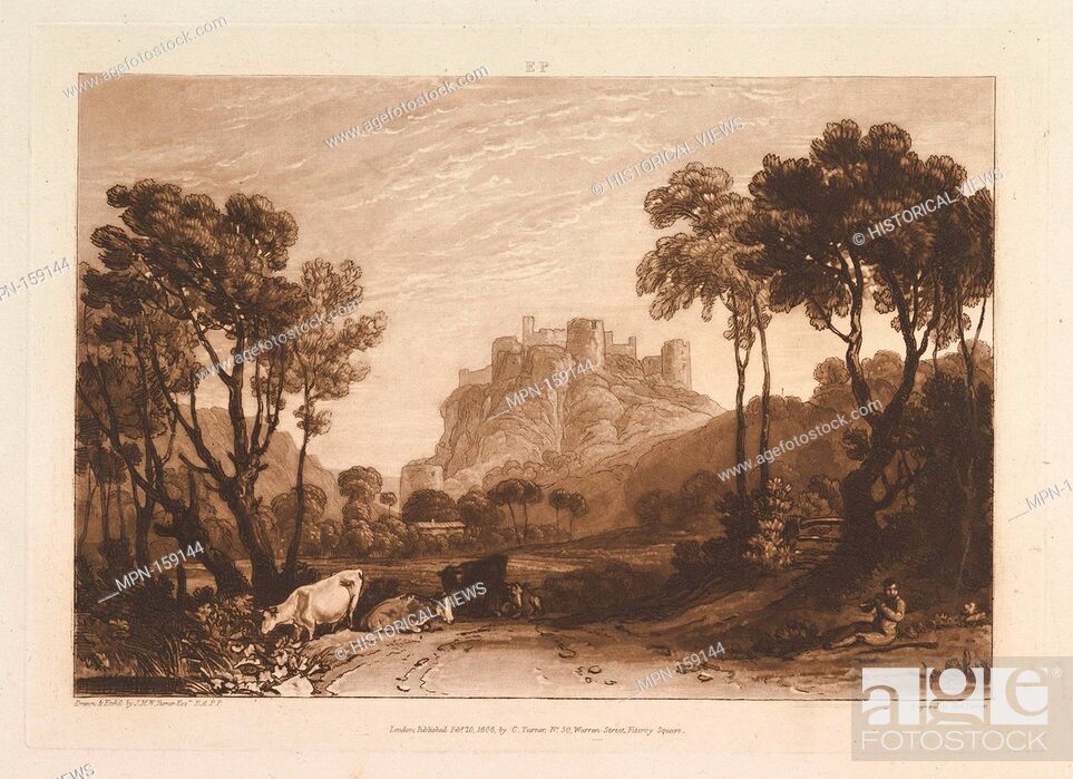 Stock Photo: The Castle above the Meadows (Liber Studiorum, part II, plate 8). Artist: Designed and etched by Joseph Mallord William Turner (British.