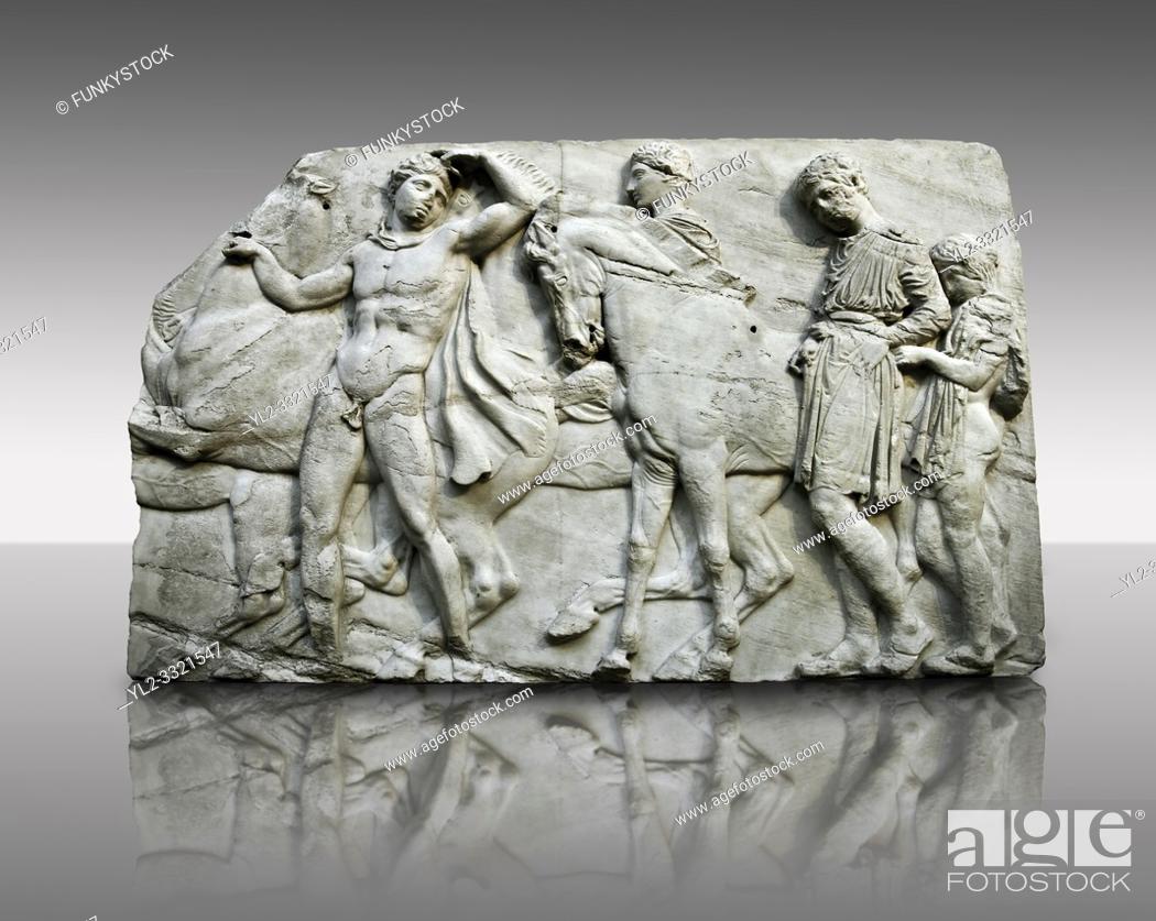Stock Photo: Marble Releif Sculptures from the North frieze around the Parthenon Block XLVII. From the Parthenon of the Acropolis Athens.