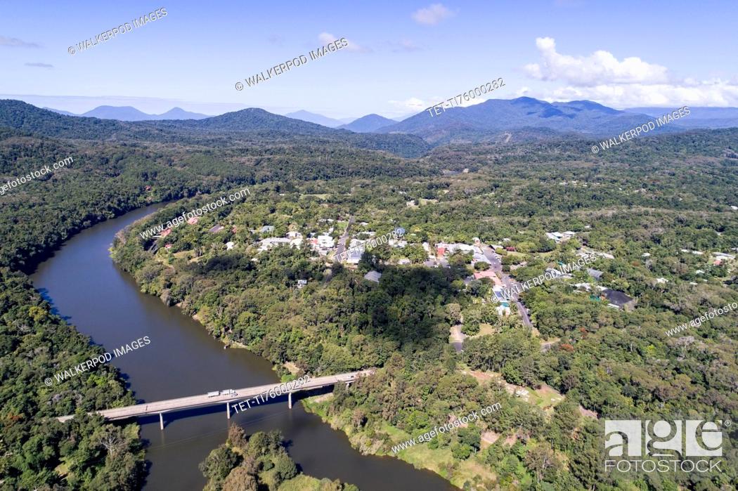 Stock Photo: Australia, Queensland, Landscape with bridge and mountain range in background.