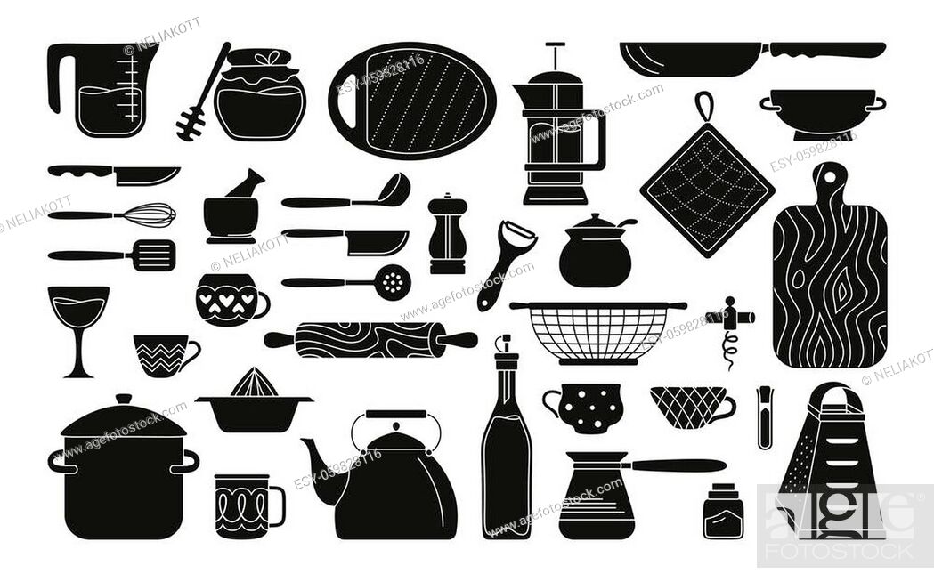 Cookware kitchen tools black glyph set. Baking tools cartoon doodle dishes,  equipments, Stock Vector, Vector And Low Budget Royalty Free Image. Pic.  ESY-059828116 | agefotostock