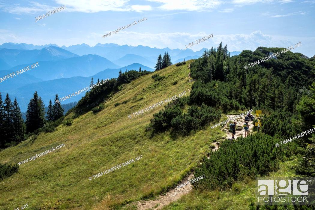 Stock Photo: Germany, Bavaria, Bavarian foothills, Lenggries, hikers before signposts at the crossing of the Benediktenwand (mountain).