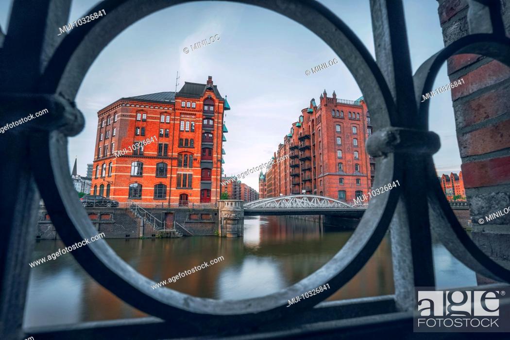 Stock Photo: Historic warehouse district in Hamburg, Germany, Europe, old brick buildings and canal of the Hafencityviertel, UNESCO heritage.