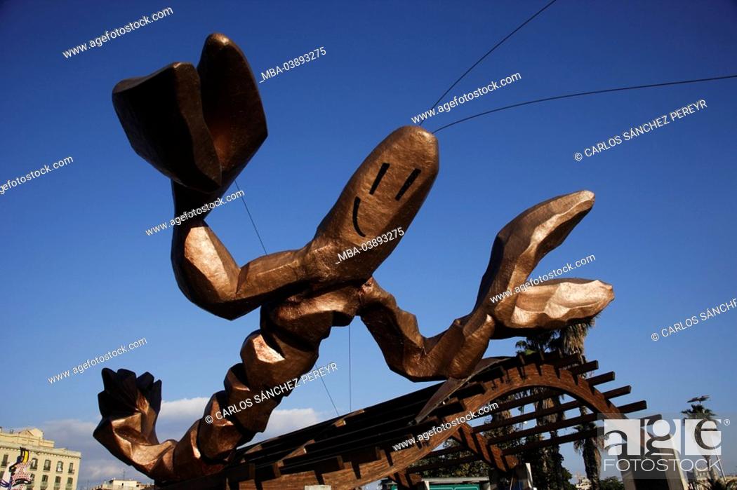 Stock Photo: Spain, Barcelona, Port Vell, sculpture, lobsters, port, harbor, lobster-sculpture, lobster-figure, figure, tremendously, smiling, kindly, art, cleverly, merrily.