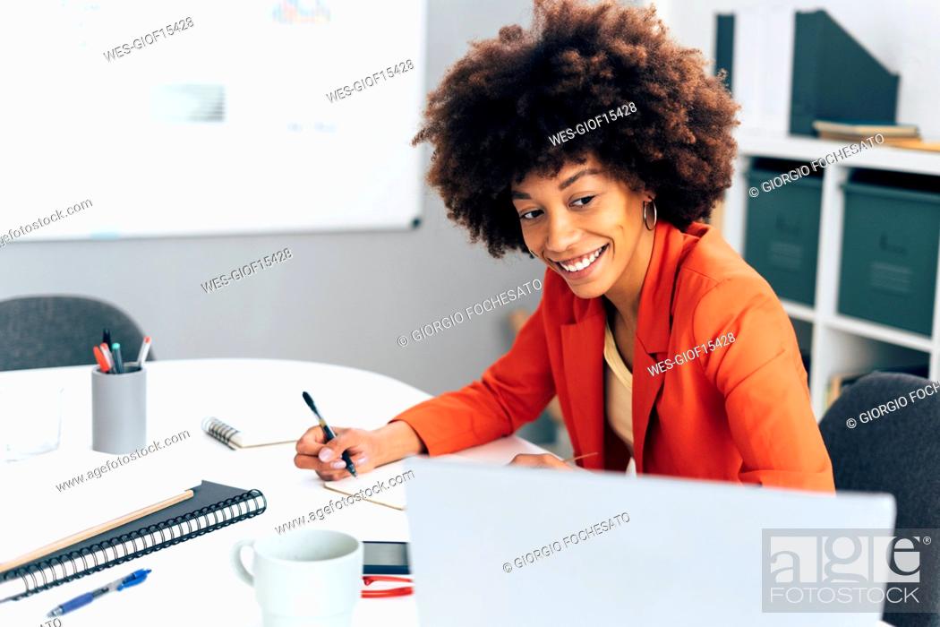 Stock Photo: Happy businesswoman writing in diary looking at laptop in office.